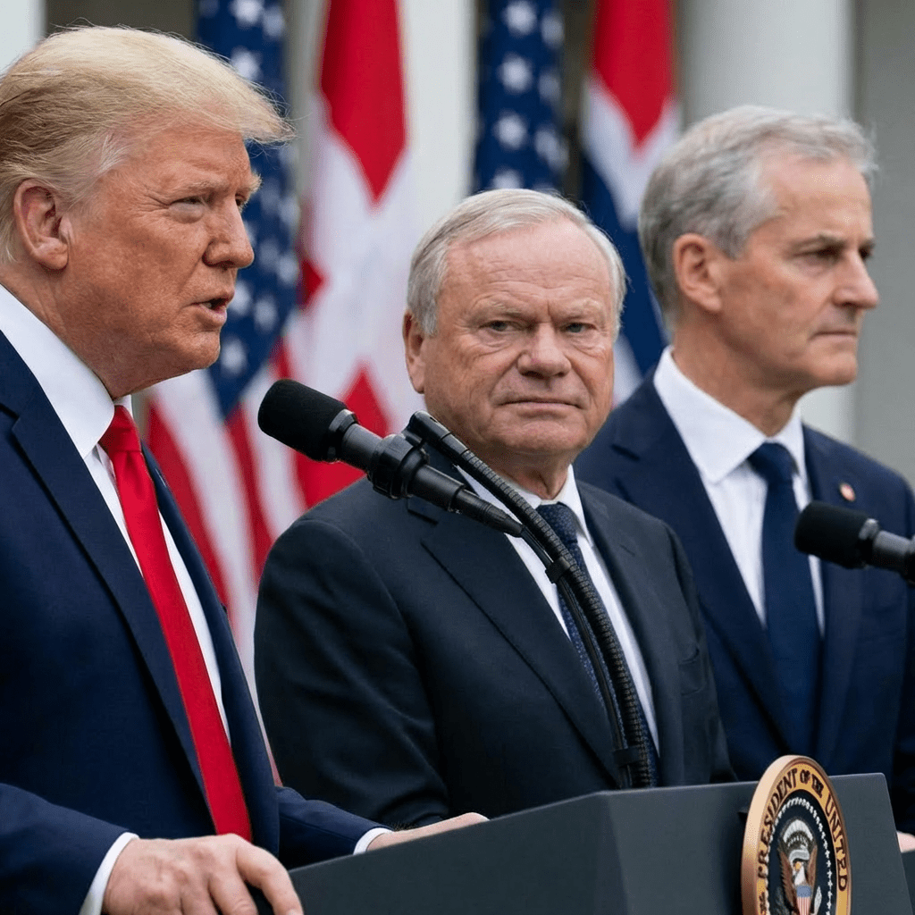 Donald Trump speaking at a podium with Mette Frederiksen and another official standing behind him.