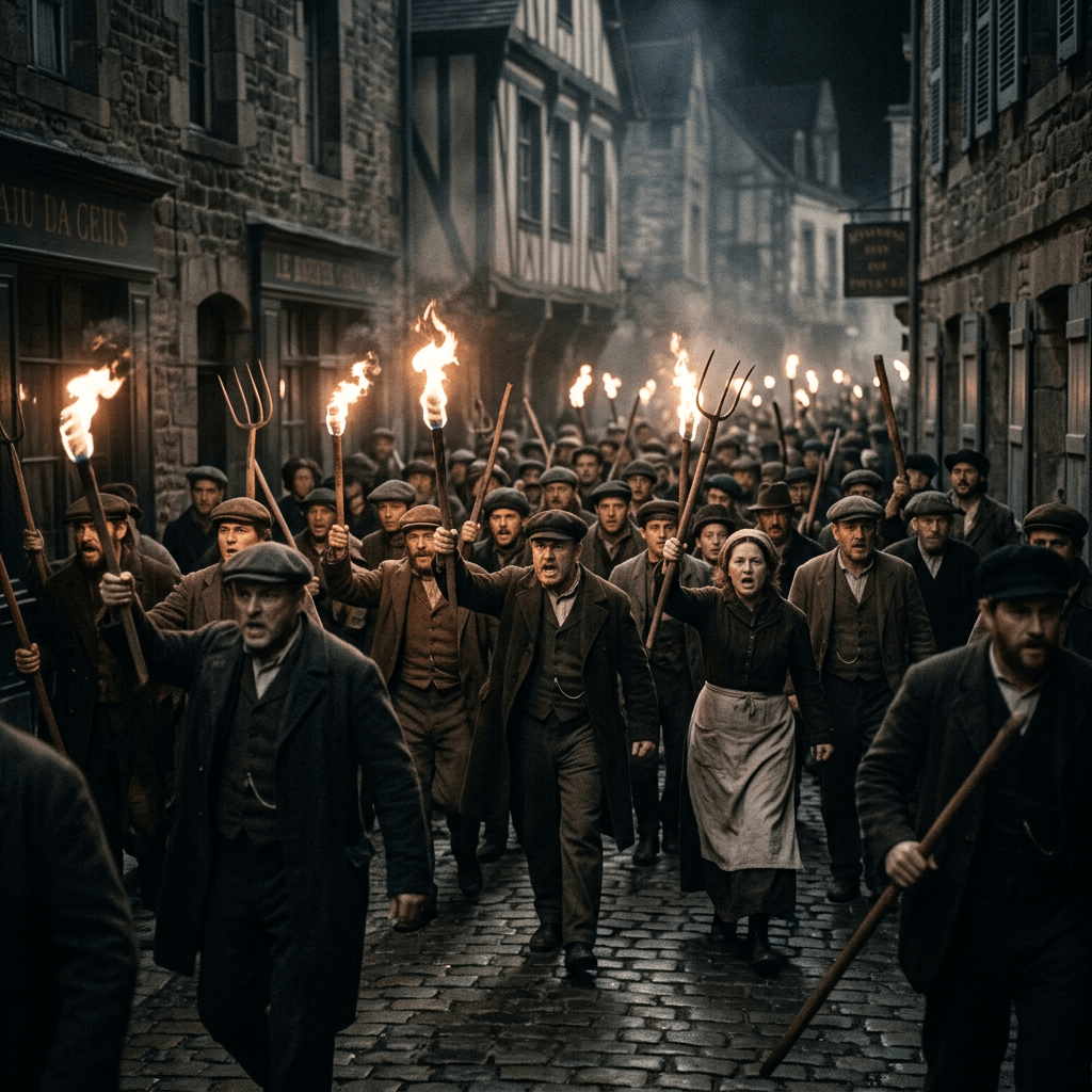Protesters in period clothing holding torches and pitchforks marching on cobblestone street