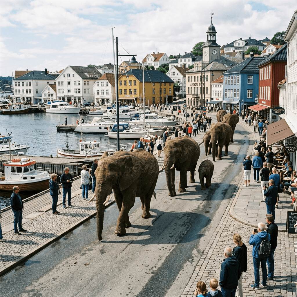 Elephants walking along a busy harbor promenade in Arendal