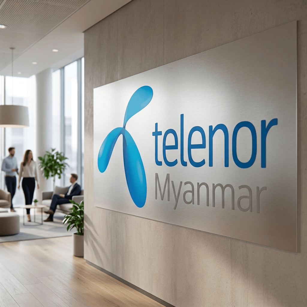 Telenor logo displayed on a wall sign in a modern office lobby